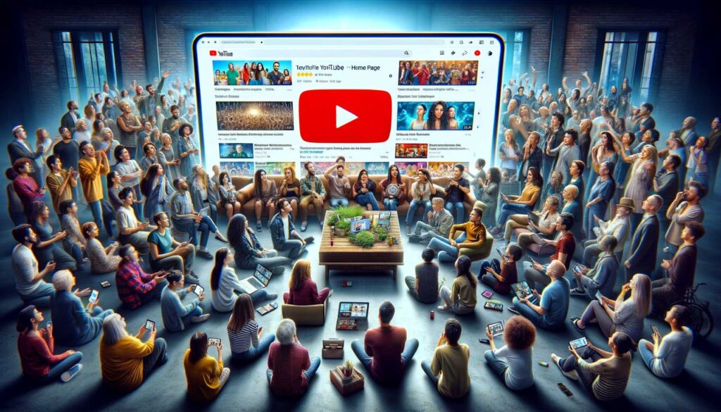 YouTube screen home page with many audiences watching around in a room
