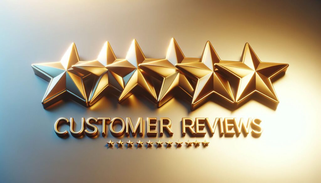 5 golden stars with text "Customer Reviews" and a lot of stars below