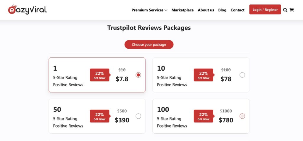 screenshot of "Buy Trustpilot Reviews" page on EazyViral with prices list with 1, 10, 50 and 100 positive reviews.