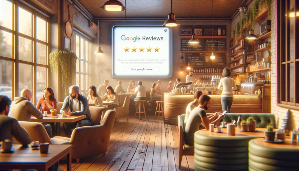 Google reviews board in a coffee shop