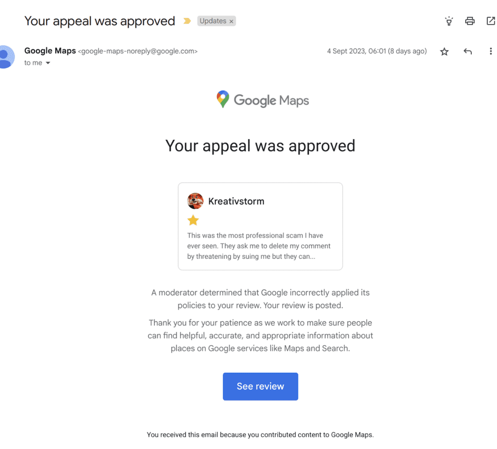 Email from Google approved for remove reviews