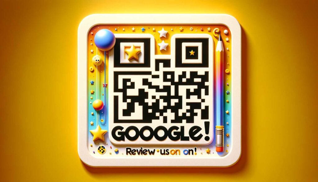 Qr code with many colorful stars around and CTA text review us on google